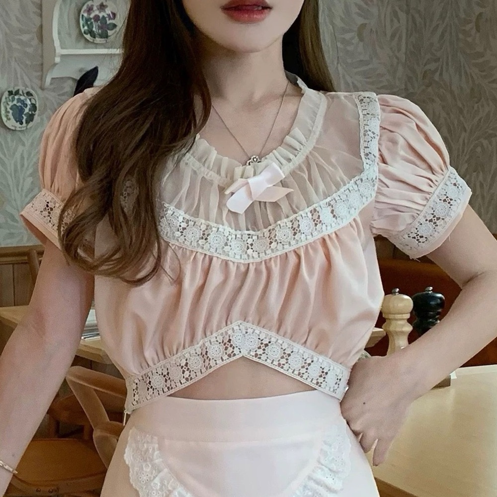 Japanese Kawaii Pastel Peach Pink Lace Ruffle Ribbon Bow Silky Crop Top Blouse